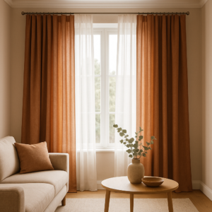 Living room with sheer white and earthy rust curtains showcasing 2025 Curtain Trends: Sheer Elegance & Earthy Colors Redefining Interiors