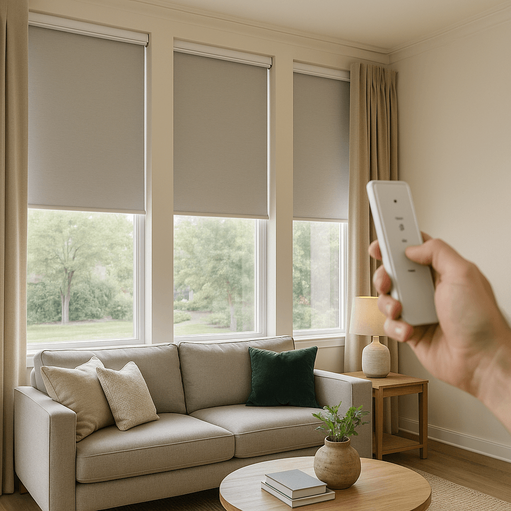 Hand operating motorized roller blinds with remote control in a modern living room – smart window solution