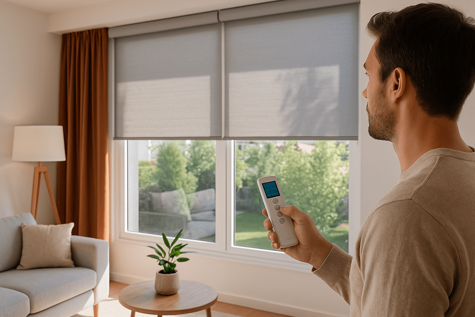 Man using a remote to control motorized roller blinds in a sunlit living room – smart window solution