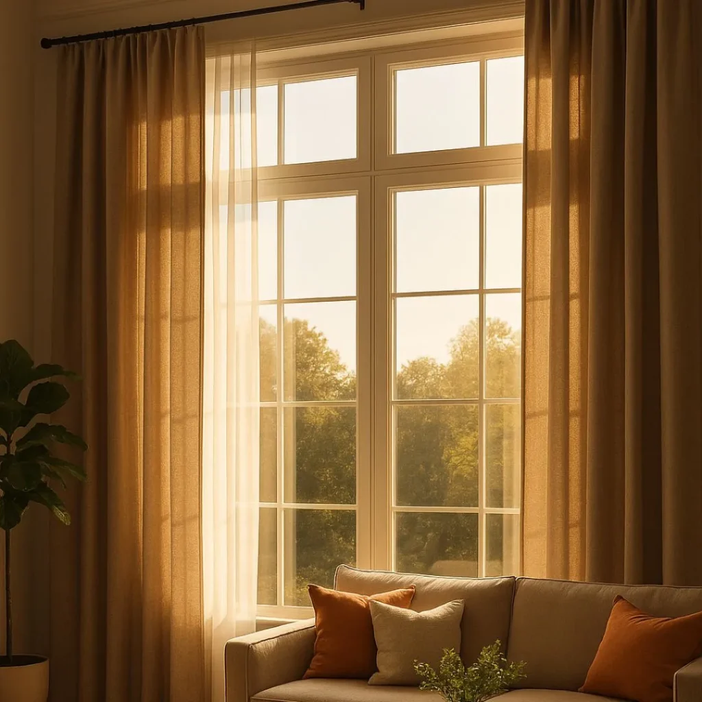 Elegant Dubai living room with light linen curtains, showcasing the best curtain fabrics for Dubai heat in a cool and stylish setting.
