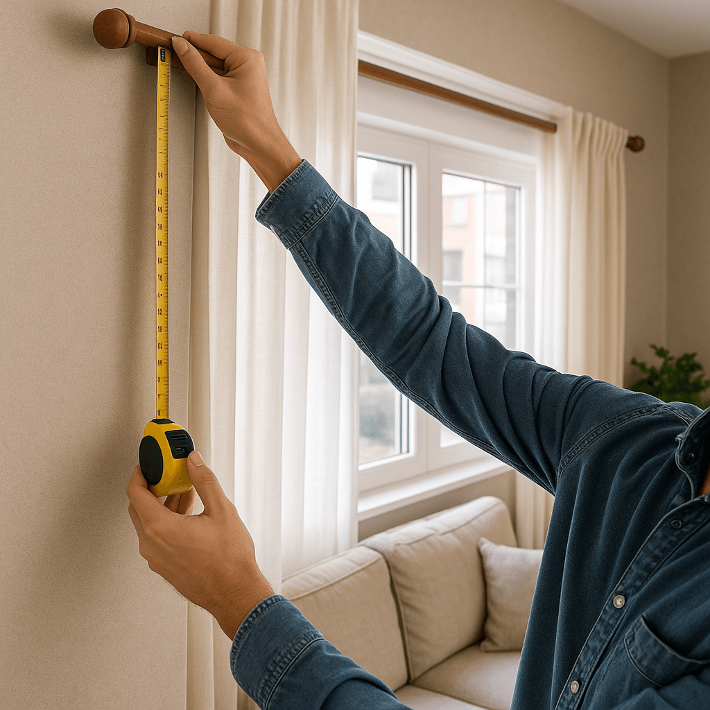 Person using a tape measure to determine curtain rod placement – How to Measure Your Windows