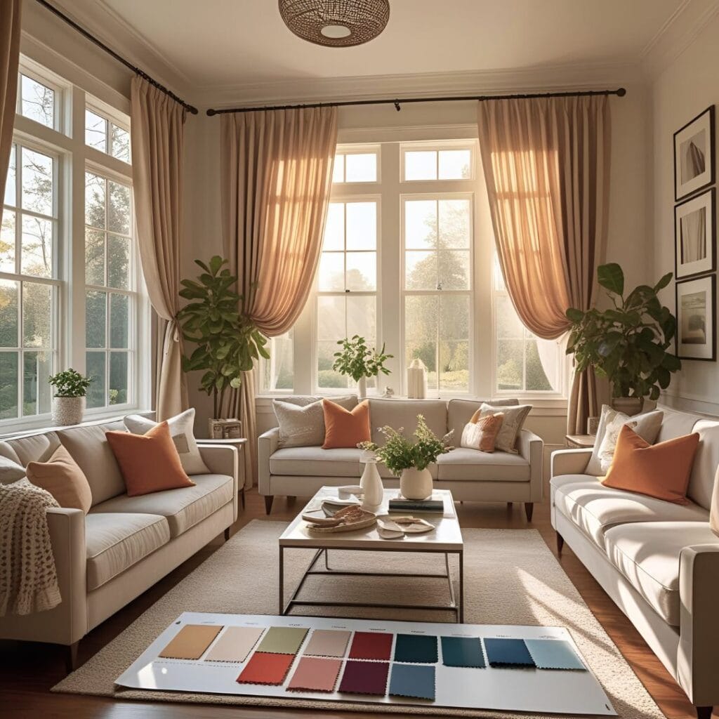 A stylish living room with beige curtains, matching sofa, and neutral walls showing how to match curtains with your sofa and walls