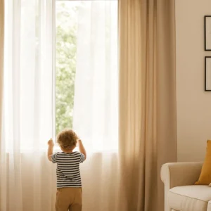 Bright, cozy living room featuring safe, stylish window coverings inspired by a childproof curtains and blinds guide.