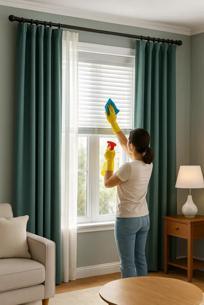 Woman cleaning curtains and blinds Dubai style in a bright modern living room, keeping the home fresh and dust-free.