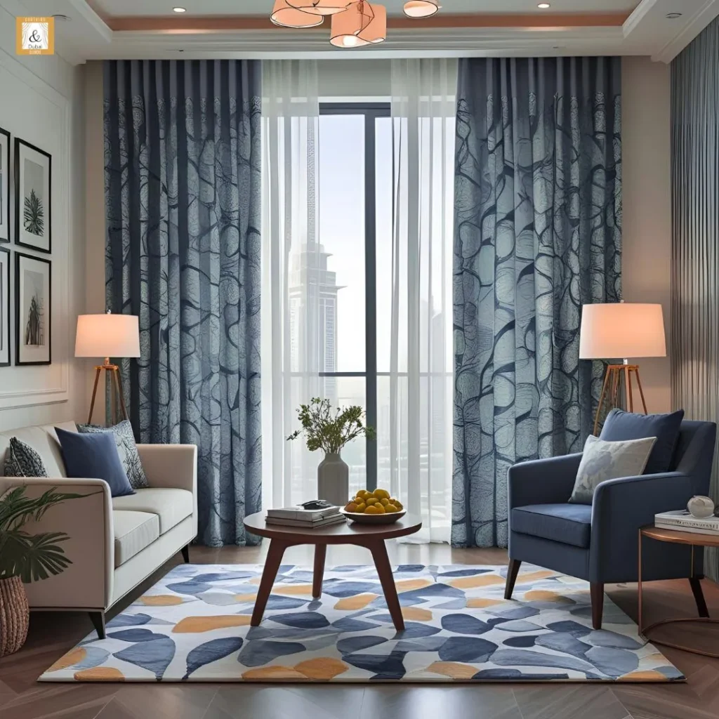 Modern Dubai living room with blue patterned energy saving curtains blinds Dubai, creating a cool, stylish vibe.