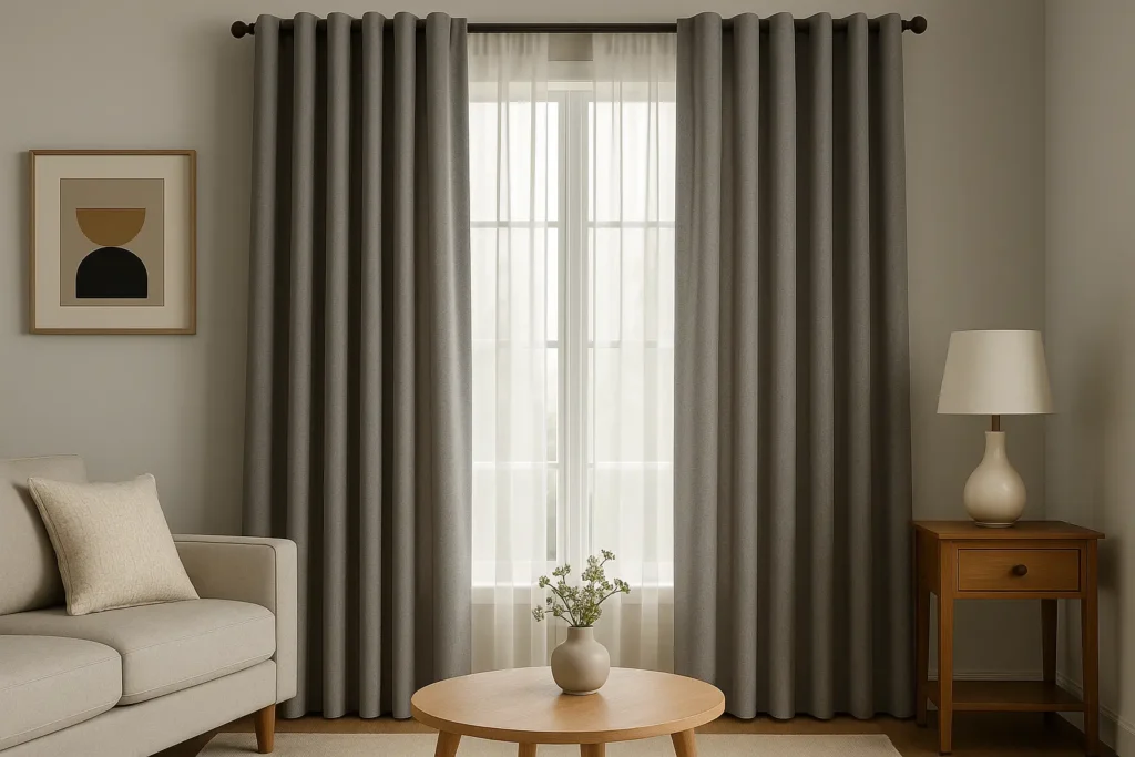 Modern Dubai living room showcasing layering curtains and blinds Dubai style for an elegant, versatile look.