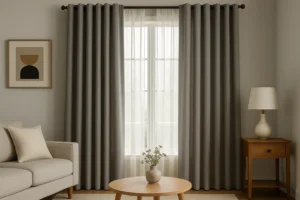 Modern Dubai living room showcasing layering curtains and blinds Dubai style for an elegant, versatile look.