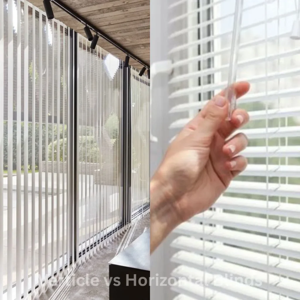 Vertical vs horizontal blind Dubai guide showing a room with tall vertical blinds and a close-up of horizontal blinds.