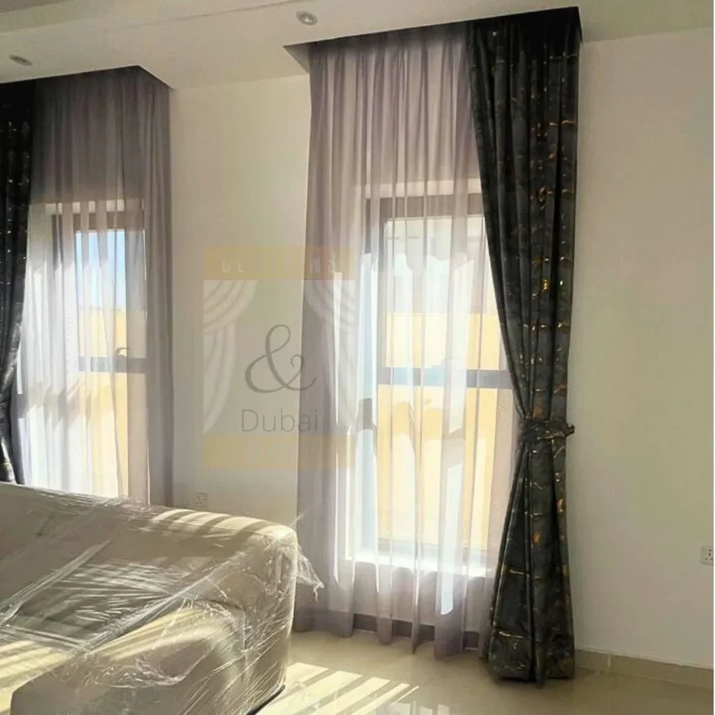 Modern living room with floor-to-ceiling sheer and blackout curtains – Mistakes to Avoid Choosing Curtains or Blinds.