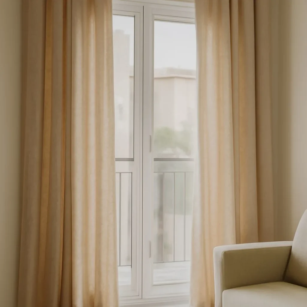 A photograph of beige linen curtains hanging from a brushed nickel rod in a living room, highlighting the curtain maintenance Dubai heat guide.