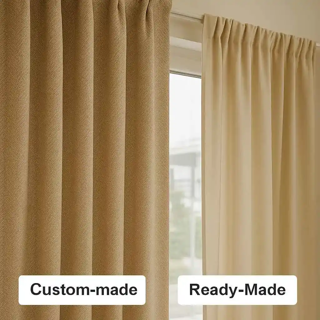 Custom vs Ready Made Curtain Dubai Guide – Comparison of luxurious custom-made curtains and standard ready-made curtains in a modern Dubai home interior.