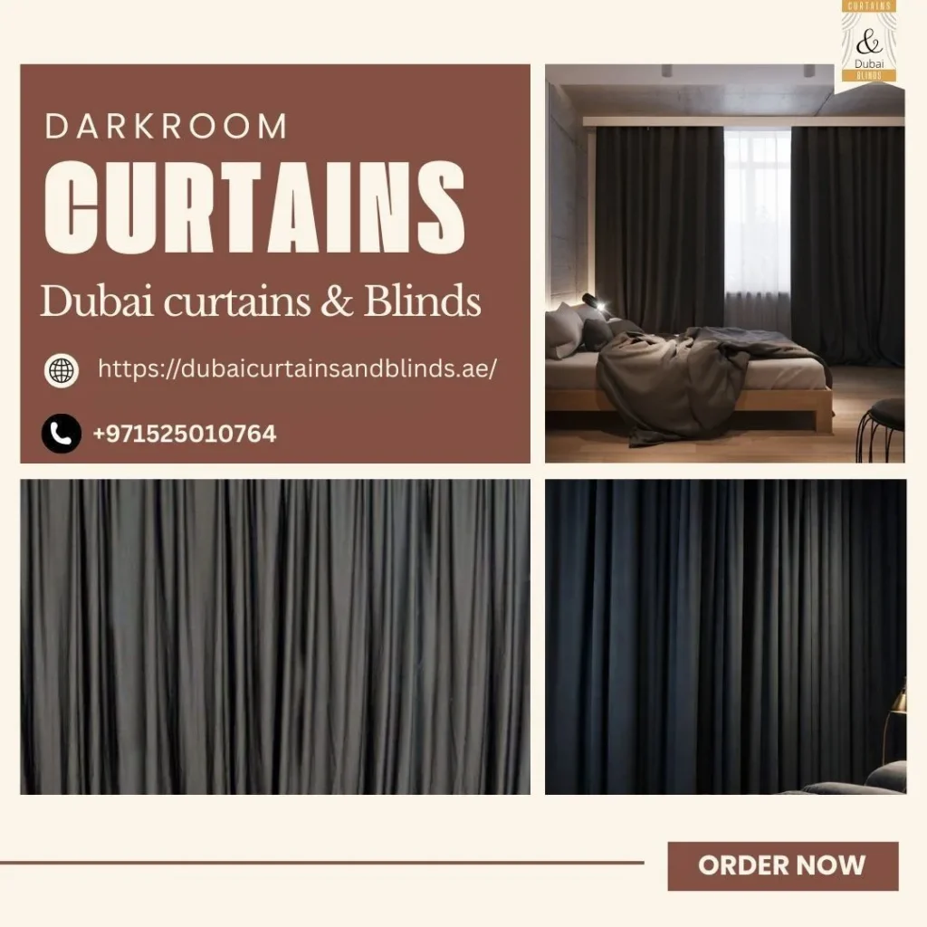 Modern Dubai bedroom with blackout drapes showing why darkroom curtains are essential for better sleep, privacy, and style in hot climates.