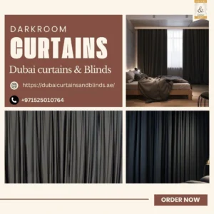 Modern Dubai bedroom with blackout drapes showing why darkroom curtains are essential for better sleep, privacy, and style in hot climates.