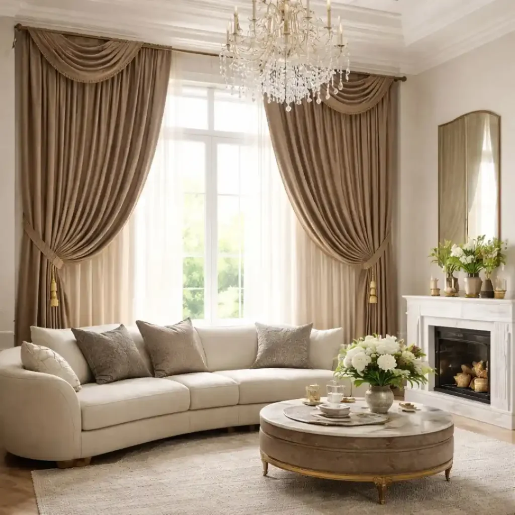 Interior Design Trend Spotlight featuring dramatic drapery and statement window treatments in a luxury living room interior
