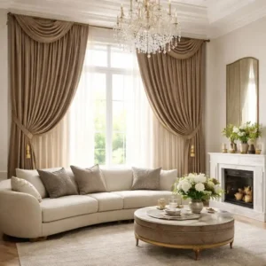 Interior Design Trend Spotlight featuring dramatic drapery and statement window treatments in a luxury living room interior