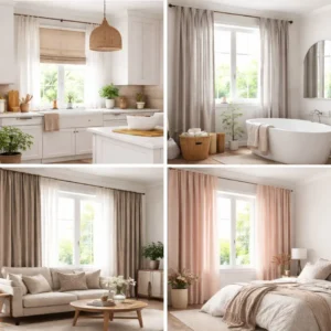Window Treatment Trends for Every Room showcasing stylish curtains and blinds for kitchen, bathroom, living room, and bedroom interiors