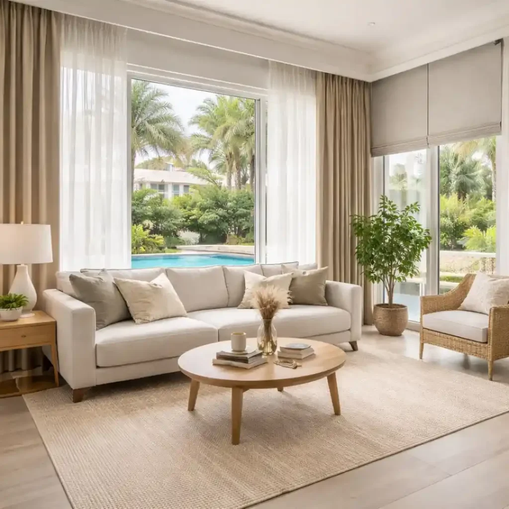 Curtains and Blinds for Villas in Dubai showcasing elegant window treatments in a luxury villa living room