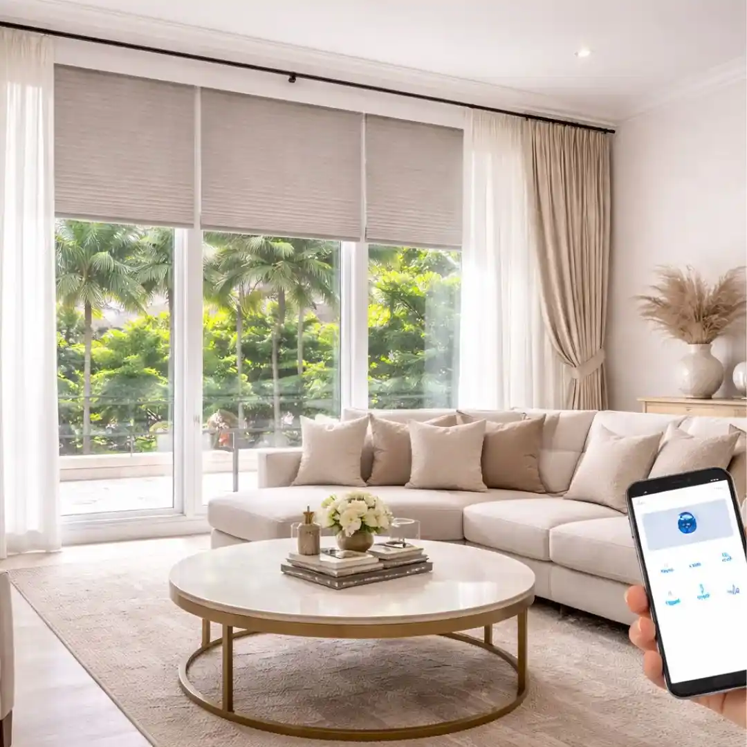 Blinds for floor-to-ceiling windows in a modern living room, providing excellent light control and privacy.