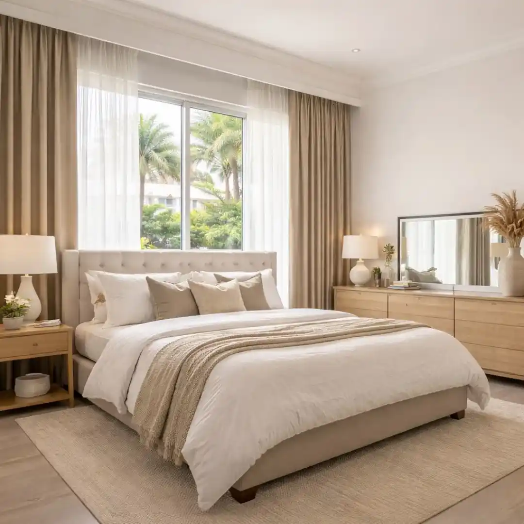 Best bedroom curtains in Dubai showcasing elegant curtains designed for privacy and comfort in a modern bedroom interior
