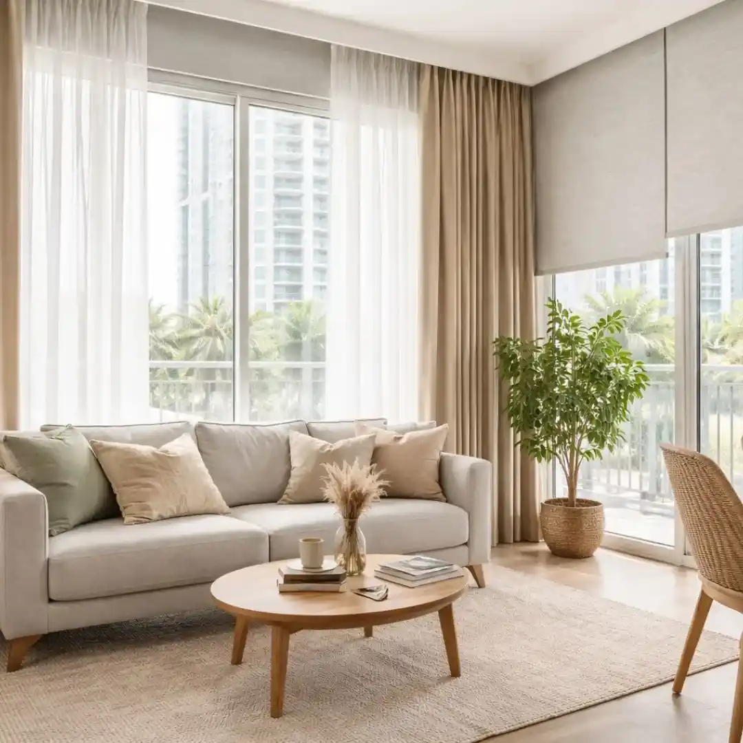 Best Curtain Blinds for Rental Apartment in Dubai featuring modern curtains and blinds in a stylish apartment interior