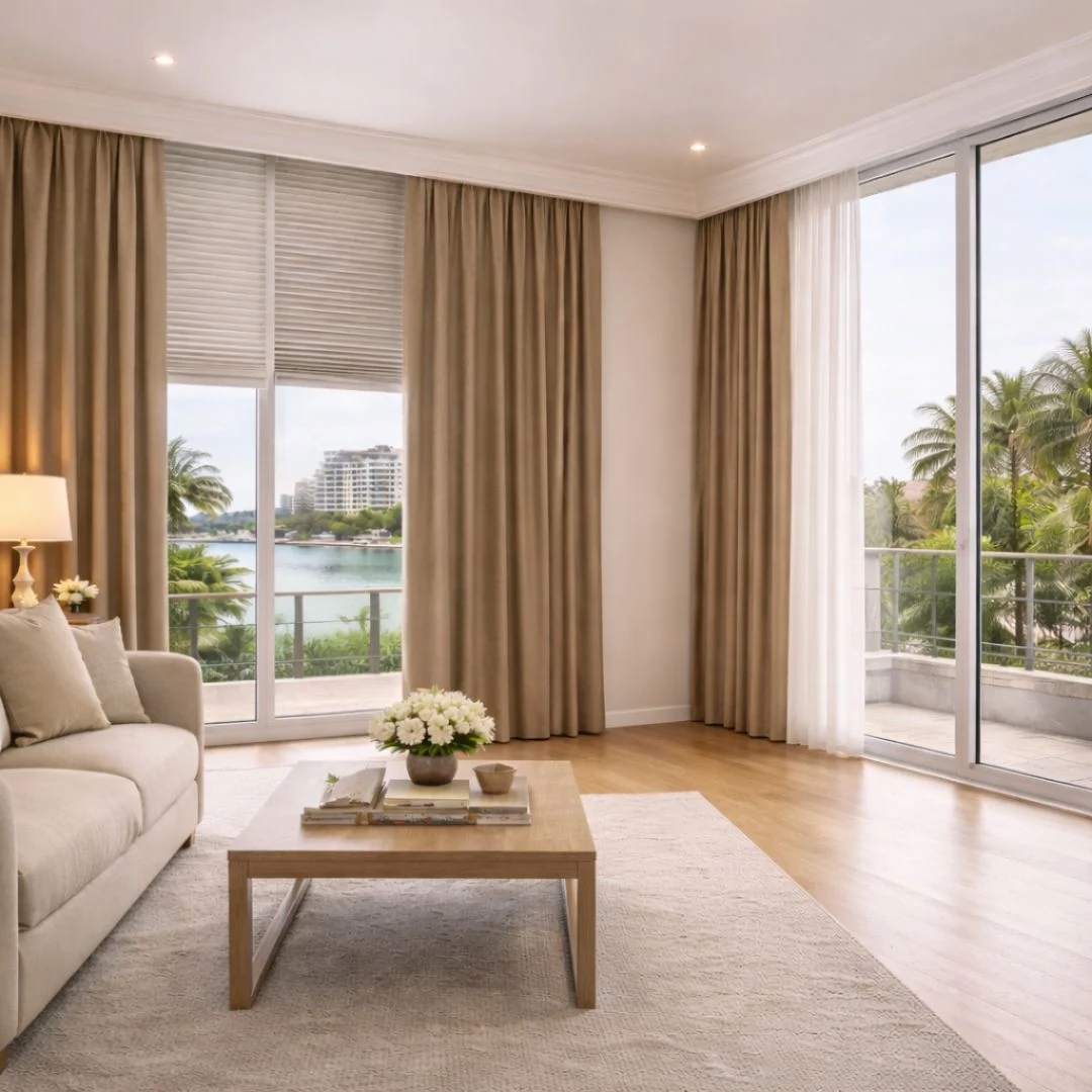 How often should you replace curtains & blinds in Dubai homes shown in a modern living room with updated window treatments