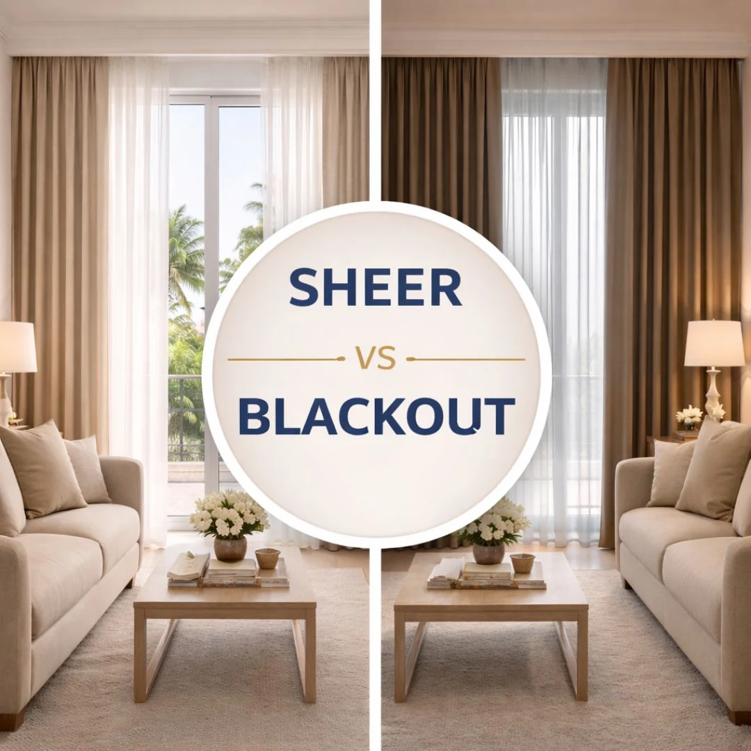 Sheer vs blackout curtains Dubai comparison showing light-filtering sheer curtains and full light-blocking blackout curtains in a modern Dubai living room
