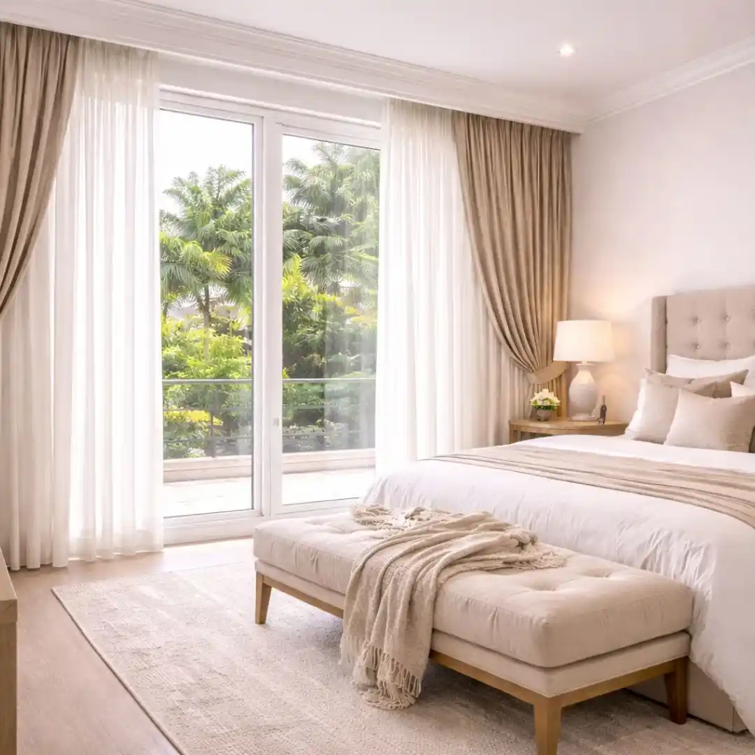 Hotel-Style Curtains for Homes in Dubai featuring elegant layered drapes in a luxury bedroom interior