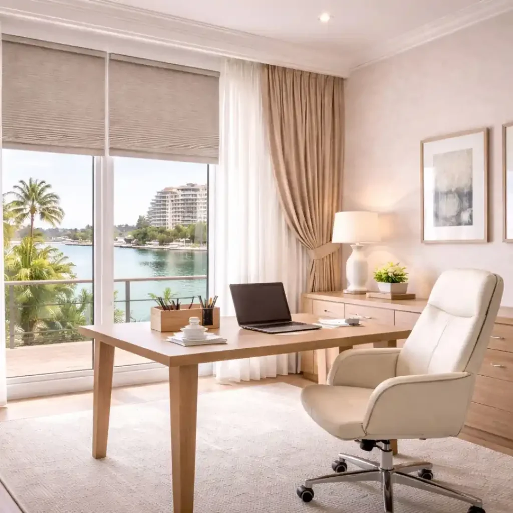 Curtain blinds for home and office Dubai designed for modern workspaces with balanced light control and privacy