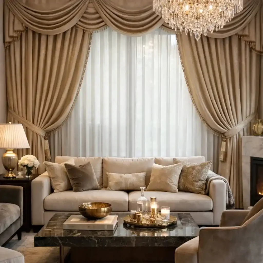 Living Room Makeover with Luxury Curtain modern Dubai living room interior design